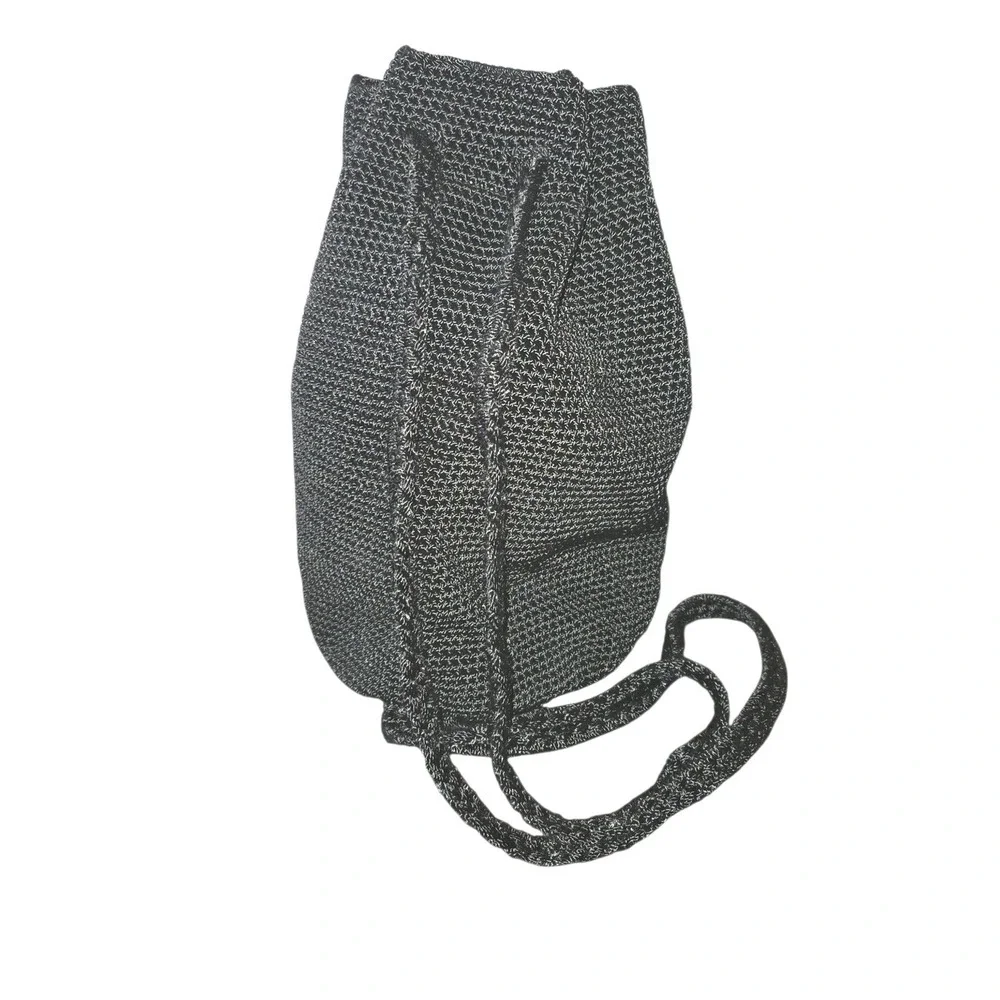 The Sak Black Crochet Front Pocket Drawstring‎ Bucket Bag Backpack 12